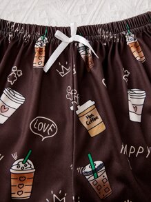Girls Coffee & Letter Graphic Lettuce Trim PJ Set - Chocolate Brown - View 3
