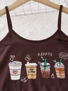 Girls Coffee & Letter Graphic Lettuce Trim PJ Set - Chocolate Brown - View 4