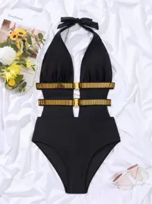 SHEIN Swim 條紋織帶深V連體泳衣
