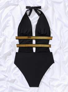 SHEIN Swim 條紋織帶深V連體泳衣