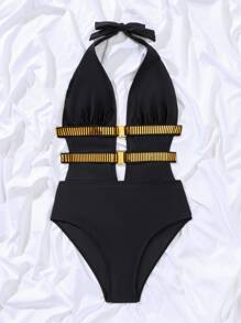 SHEIN Swim 條紋織帶深V連體泳衣