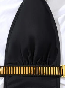 SHEIN Swim 條紋織帶深V連體泳衣