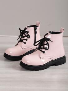 Girls Side Zip Lace-up Front Combat Boots - Pink - View 1