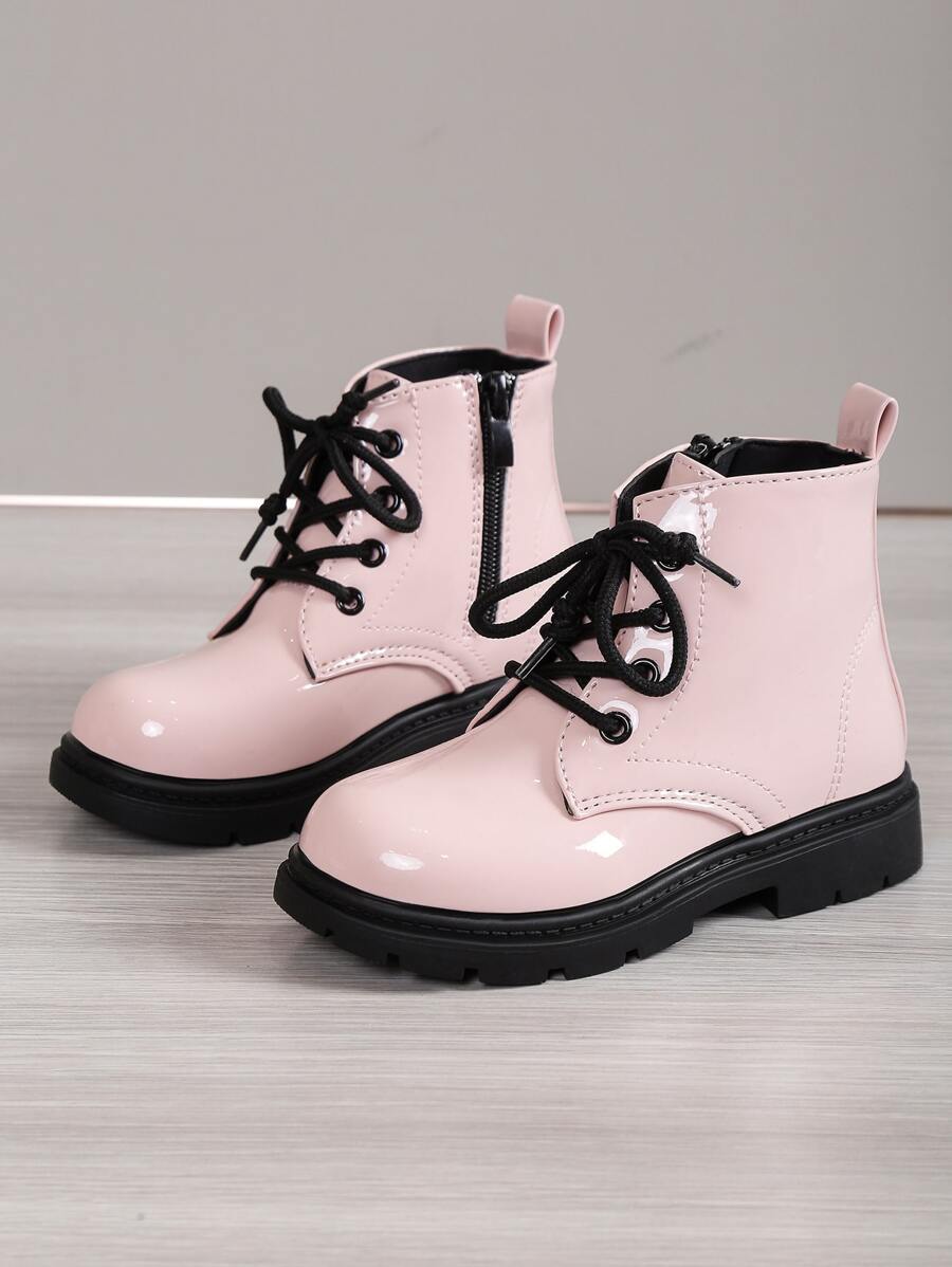 Girls Side Zip Lace-up Front Combat Boots - Pink - View 1