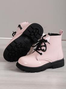 Girls Side Zip Lace-up Front Combat Boots - Pink - View 2