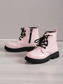 Girls Side Zip Lace-up Front Combat Boots - Pink - View 3
