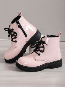Girls Side Zip Lace-up Front Combat Boots - Pink - View 5