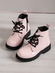 Girls Side Zip Lace-up Front Combat Boots - Pink - View 6