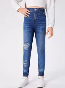 SHEIN Tween Girl Ripped Jeggings - Blue - View 1