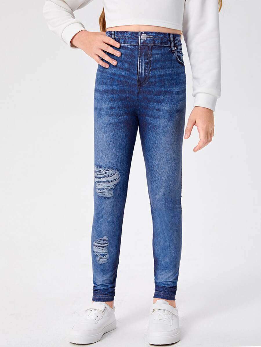 SHEIN Tween Girl Ripped Jeggings - Blue - View 1