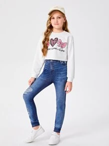 SHEIN Tween Girl Ripped Jeggings - Blue - View 3