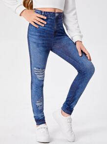 SHEIN Tween Girl Ripped Jeggings - Blue - View 5