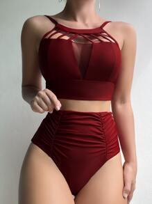SHEIN Swim Summer Beach Solid Bikini Set Cut-Out Ruched Cami Top & Tummy Control High Waisted Bottom 2 Pieces Bikini - Burgundy - View 3
