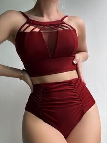 SHEIN Swim Summer Beach Solid Bikini Set Cut-Out Ruched Cami Top & Tummy Control High Waisted Bottom 2 Pieces Bikini - Burgundy - View 7