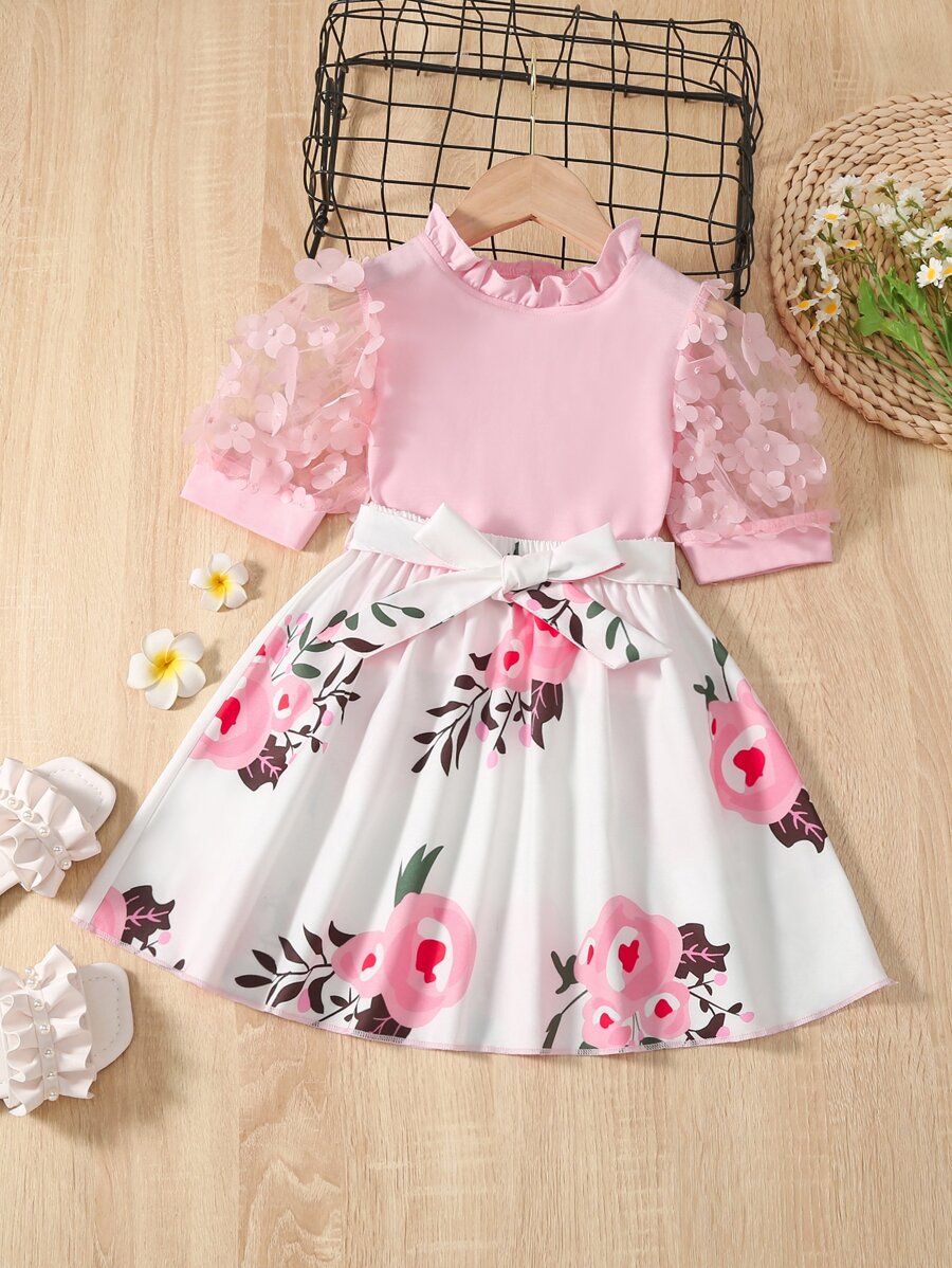 SHEIN 小女童貼花泡泡袖木耳邊領上衣和印花腰帶半身裙 - 彩色 - 查看 1