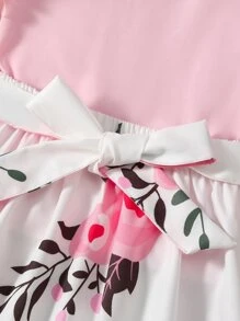 SHEIN 小女童貼花泡泡袖木耳邊領上衣和印花腰帶半身裙 - 彩色 - 查看 3