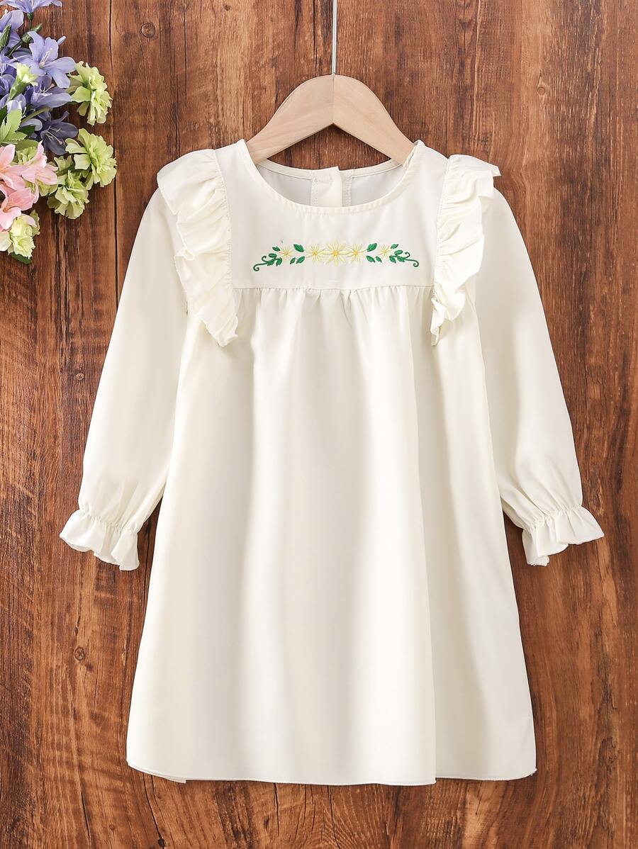 Toddler Girls Floral Embroidery Ruffle Trim Flounce Sleeve Dress - Beige - View 1