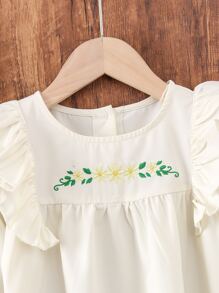 Toddler Girls Floral Embroidery Ruffle Trim Flounce Sleeve Dress - Beige - View 4