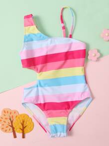 Young Girl Striped One Piece Swimsuit - Multicolor - View 1