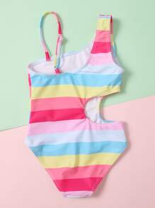 Young Girl Striped One Piece Swimsuit - Multicolor - View 2