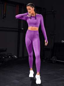 Yoga Basic 2 件无缝高弹力瑜伽套装运动套装插肩袖和 T 恤收腹运动紧身裤健身套装健身女士套装 - 紫色 - 查看 6