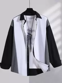 Manfinity Homme Men Colour Block Drop Shoulder Shirt Without Tee - Black and White - View 3