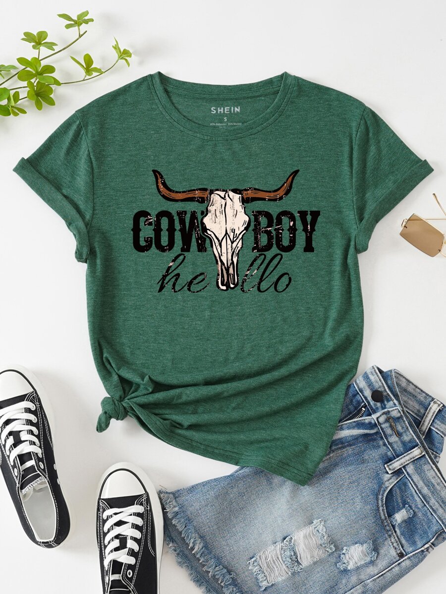 SHEIN LUNE 字母圖案T恤 - 墨綠色 - 查看 1