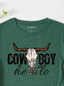 SHEIN LUNE 字母圖案T恤 - 墨綠色 - 查看 4