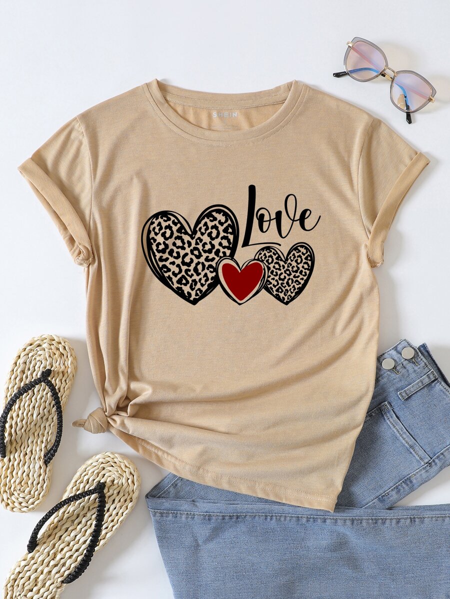 SHEIN LUNE Áo thun nữ Tim Lá thư Giải trí - Màu Khaki - Xem 1