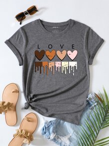 SHEIN LUNE Heart And Letter Graphic Tee - Dark Grey - View 1