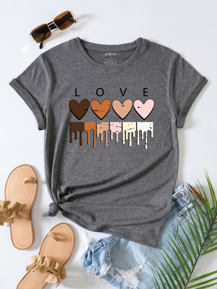 SHEIN LUNE Heart And Letter Graphic Tee - Dark Grey - View 1