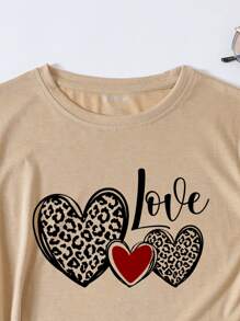 SHEIN LUNE Áo thun nữ Tim Lá thư Giải trí - Màu Khaki - Xem 3