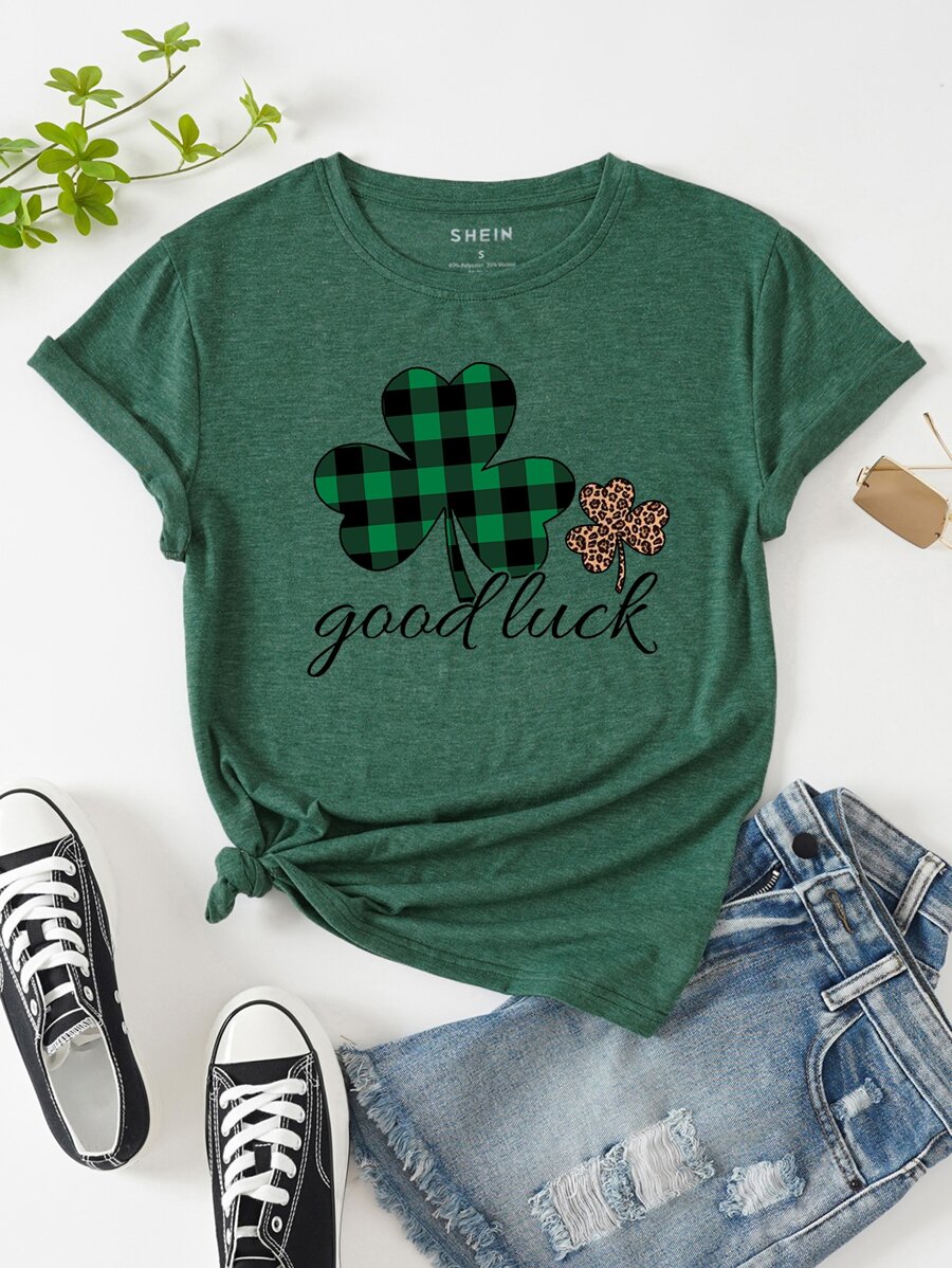 SHEIN LUNE Clover And Slogan Graphic Tee - Dark Green - View 1