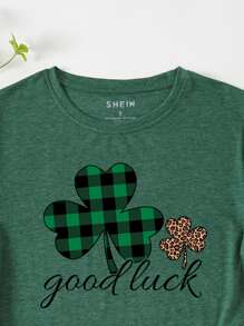 SHEIN LUNE Clover And Slogan Graphic Tee - Dark Green - View 4