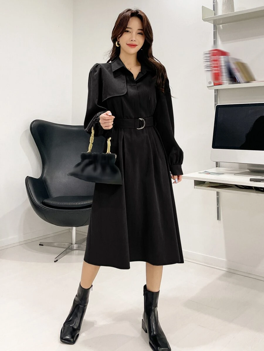 DAZY Puff Sleeve Belted Shirt Dress - Black - View 1