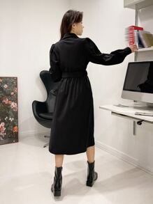 DAZY Puff Sleeve Belted Shirt Dress - Black - View 2