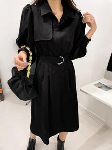 DAZY Puff Sleeve Belted Shirt Dress - Black - View 3