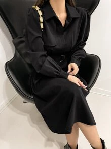DAZY Puff Sleeve Belted Shirt Dress - Black - View 5