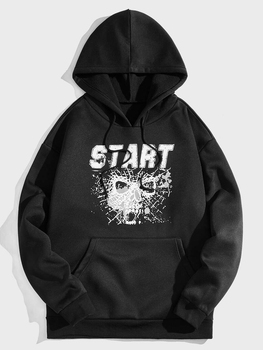 ROMWE MEN Guys Letter Graphic Kangaroo Pocket Drawstring Thermal Hoodie - Black - View 1