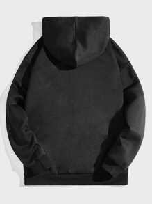 ROMWE MEN Guys Letter Graphic Kangaroo Pocket Drawstring Thermal Hoodie - Black - View 2