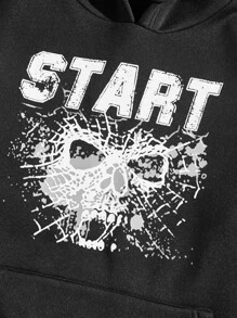 ROMWE MEN Guys Letter Graphic Kangaroo Pocket Drawstring Thermal Hoodie - Black - View 3