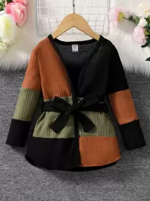Toddler Girls Colour Block Waffle Knit Belted Coat - Multicolor - View 1