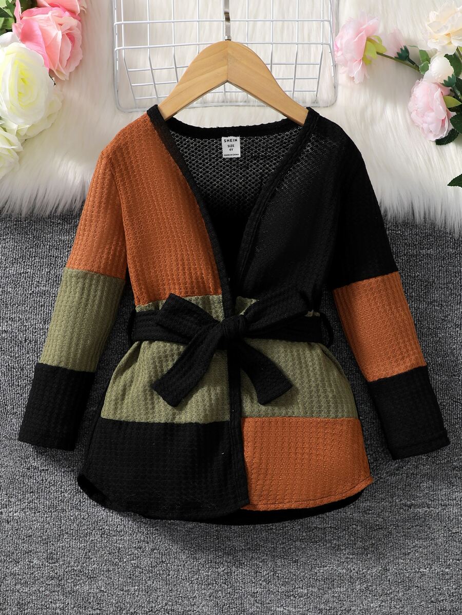 Toddler Girls Colour Block Waffle Knit Belted Coat - Multicolor - View 1