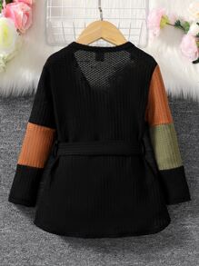 Toddler Girls Colour Block Waffle Knit Belted Coat - Multicolor - View 2