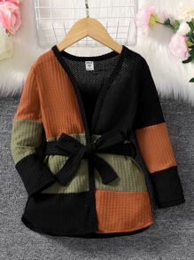 Toddler Girls Colour Block Waffle Knit Belted Coat - Multicolor - View 5