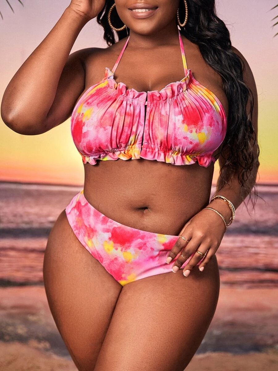 Conjunto de bikini talla grande con coloración anudada, ribete de volantes, espalda descubierta y halter con cintura alta para verano en la playa. - Multicolor - Ver 1