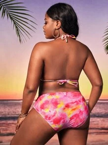 Conjunto de bikini talla grande con coloración anudada, ribete de volantes, espalda descubierta y halter con cintura alta para verano en la playa. - Multicolor - Ver 2