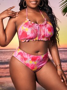 Conjunto de bikini talla grande con coloración anudada, ribete de volantes, espalda descubierta y halter con cintura alta para verano en la playa. - Multicolor - Ver 3