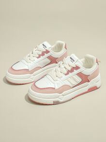 Colorblock Lace-up Front Skate Shoes, Ladies' Pink Colorblock Sneakers With Patchwork Design - Pink - View 1