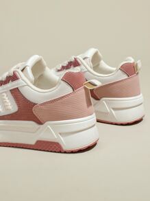 Colorblock Lace-up Front Skate Shoes, Ladies' Pink Colorblock Sneakers With Patchwork Design - Pink - View 2